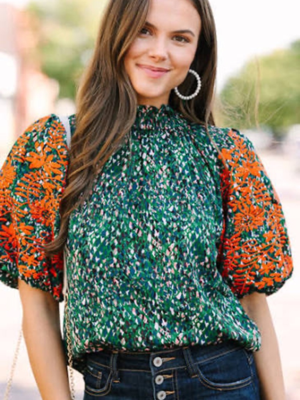 THML Say It All Green Floral Blouse Orange Embroidered Puff Sleeves Size XS